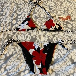 Black red and white flower patterned bikini